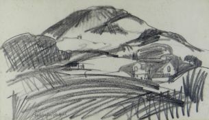 GWILYM PRICHARD early career pencil drawing - view of Mynydd Bodafon, Ynys Mon, signed, 21 x 37cms