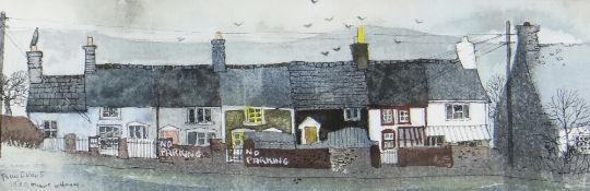 RAY EVANS mixed media - entitled 'Miner's Cottages', signed and dated 1980, 8 x 24cms Provenance: