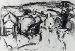 WILL ROBERTS charcoal - landscape, entitled 'Pontrhydfen II', signed and dated 1997, 28 x 41cms