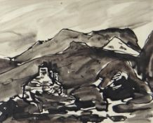 SIR KYFFIN WILLIAMS RA inkwash - old Welsh mountain dwelling, signed with initials, 24.5 x 31cms