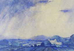 HARRY HUGHES WILLIAMS watercolour - farm and Ynys Môn landscape with distant mountains, entitled