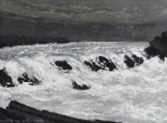 WILF ROBERTS oil on board - Ynys Mon crashing waves and rocks, entitled verso 'Trearddur', signed