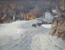 ALFRED OLIVER oil on board - woodland track with deep snow and setting sun through trees, signed, 37