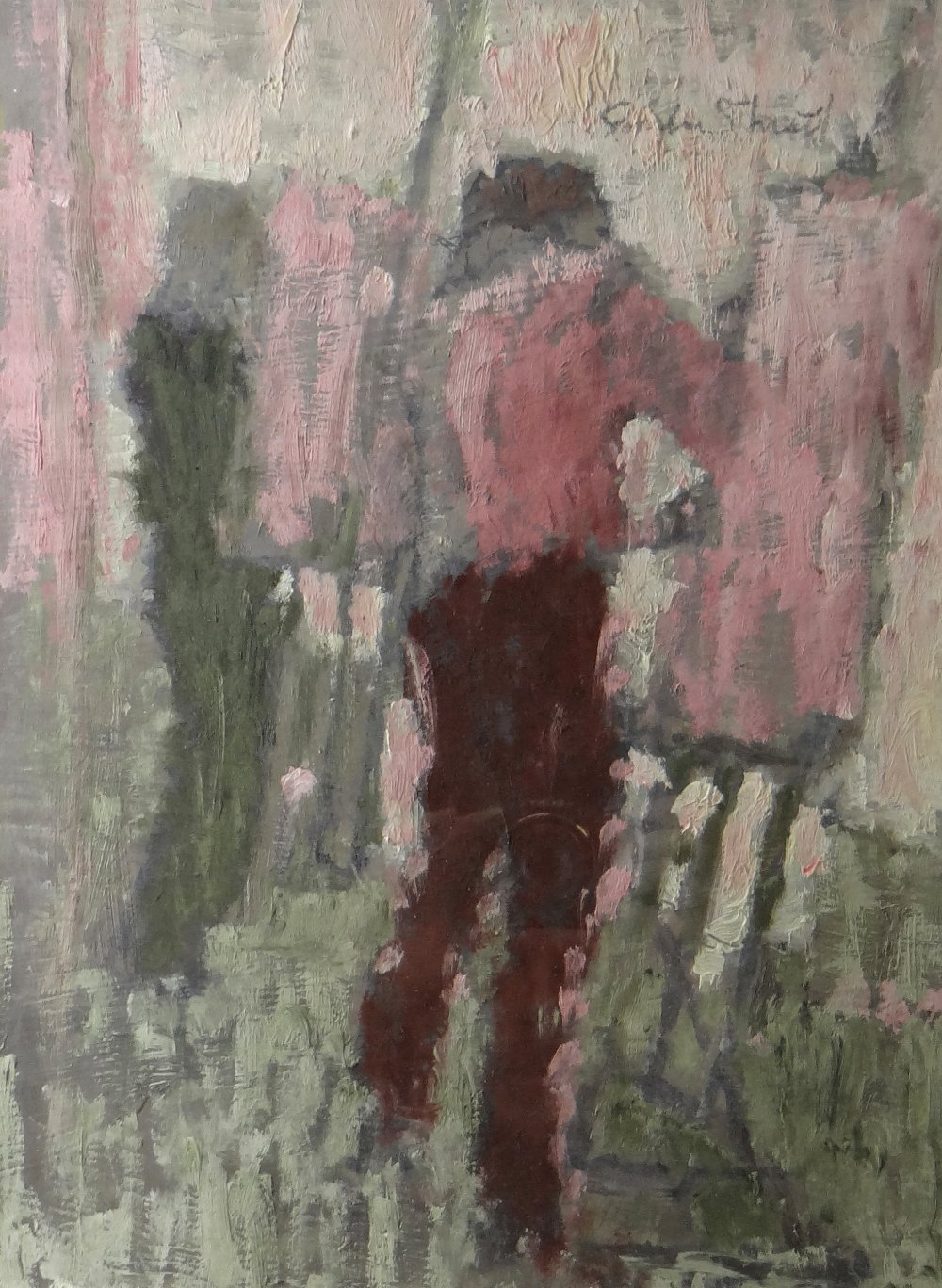 GORDON STUART oil on board - figures in a life-drawing class with pink hues, signed, 40 x 29cms