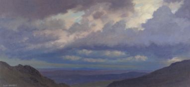 DAVID WOODFORD oil on card - clouds over lowland Caernarfonshire, signed, 18 x 39cms Provenance: