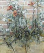 BRONWEN ROBERTS oil on board - entitled verso 'Day Lily and Convolvulus', signed with initials, 75 x