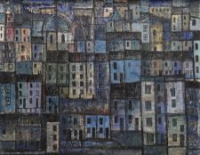 JACK JONES oil on board - large view of terraced houses, 65 x 81cms Provenance: private