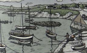 ALAN WILLIAMS acrylic - yachts moored in harbour, entitled verso 'Bull Bay, Anglesey', signed, 33