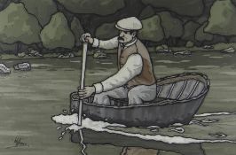 ALAN WILLIAMS acrylic - coracle man in flat cap, entitled verso 'Coracle Paddler', signed, 33 x