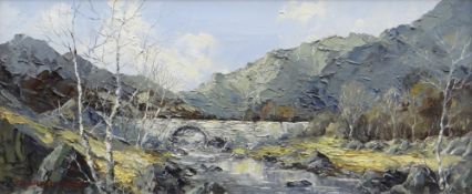 CHARLES WYATT WARREN oil on board - stone bridge over a Welsh river, possibly the Ogwen Valley,