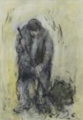 WILLIAM SELWYN mixed media - standing figure at work, entitled verso 'Ffermwr Hapus' (Happy Farmer),