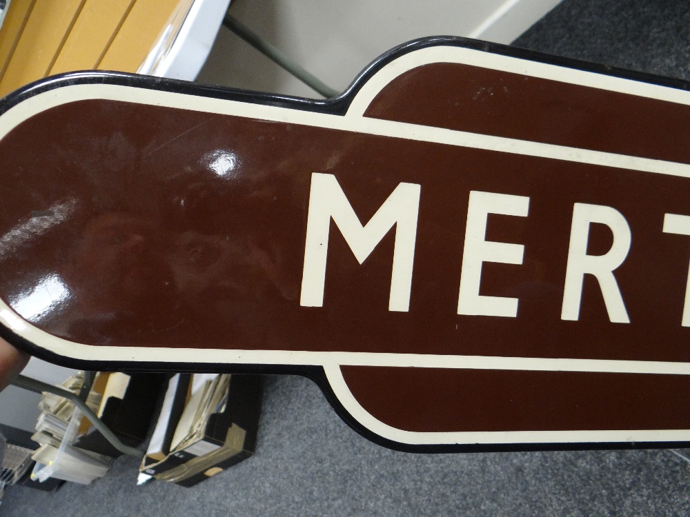 A BRITISH RAIL'TOTEM' ENAMEL SIGN FOR MERTHYR TYDFIL in typical brown, cream and black livery, of - Image 9 of 12