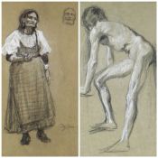 AUGUSTUS JOHN two pastel and chalk works on brown paper back to back - an old gypsy woman standing