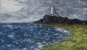 WYN HUGHES oil on card - lighthouse on rocky headland, signed with initials, 10 x 17cms
