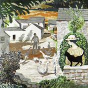 JOHN ELWYN limited edition (233/260) lithograph - farmyard with two figures, cat and geese,