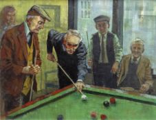 HYWEL HARRIES oil on board - snooker room with five gentlemen, one of them believed to be the