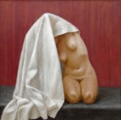 HARRY HOLLAND oil on board - nude, entitled 'White Cover', signed, 44 x 44cms Provenance: private