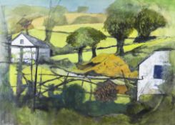 JOHN ELWYN acrylic on paper - entitled verso 'West Coast Welsh Farm No.1' circa 1986, 27 x 37cms