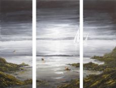 NICK JOHN REES oil on canvas triptych - entitled verso 'The Rocks Along the Bristol Channel', signed