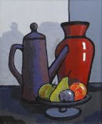 DAVID BARNES oil on board - still life, vessels and fruit on a table, signed verso, size, 48 x 38cms