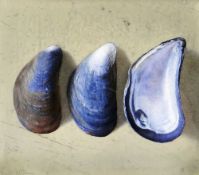 SIGRID MULLER mixed media - study, entitled verso on Tegfryn Gallery label 'Mussels', signed, 15 x