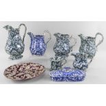 EIGHT YNYSMEUDWY POTTERY ITEMS IN MATCHING 'FLORAL 1' TRANSFER comprising four jugs and a single