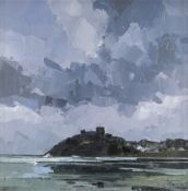 DAVID GROSVENOR oil on canvas - view of Criccieth Castle across the bay under grey skies, signed, 39