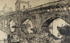SIR FRANK BRANGWYN RA dry-point etching (of 56) - entitled 'Old Bridge at Pavia', signed in