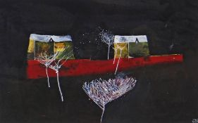 DEWI TUDUR mixed media - two buildings and trees, black night, signed and dated 2013, 17 x 27cms