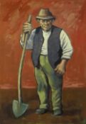 ANEURIN JONES work on paper - full portrait of a standing gent holding a long-handled shovel, signed