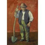 ANEURIN JONES work on paper - full portrait of a standing gent holding a long-handled shovel, signed