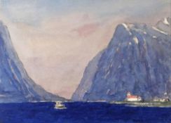 GYRTH RUSSELL watercolour - fjord with vessel and red-roofed coastal church, signed, 24 x 33cms