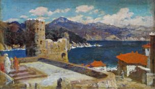 CHRISTOPHER WILLIAMS R.B.A. oil on board - Italian port scene, entitled verso 'The Old Tower Santa