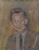 GORDON STUART oil on board - portrait of Japanese Nobel Laureate, Kenzaburo Oe, inscribed verso