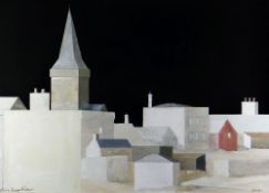 JOHN KNAPP-FISHER oil - view of Tenby with church at night, entitled verso on Martin Tinney