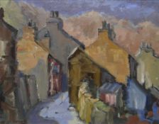 LEO CARROLL oil on board - Gwynedd street scene, entitled verso 'Ffestiniog', signed, 39 x 49cms