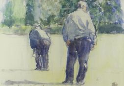 GORDON STUART watercolour - entitled 'Bowls at Cwmdonkin Park', signed, 28 x 40cms Provenance: