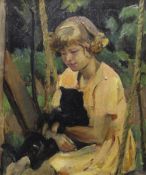 EVAN WALTERS oil on canvas - three-quarters portrait of a young girl seated in a swing with black