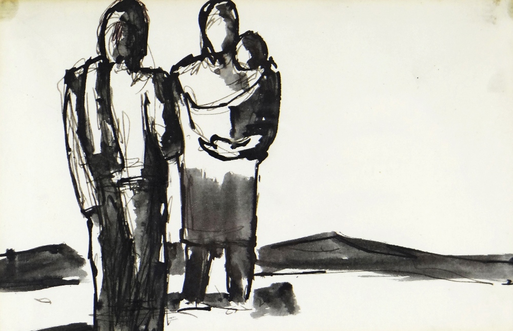 JOSEF HERMAN OBE RA ink sketch - two standing figures, one cradling a child, 12 x 19cms