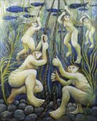 MURIEL DELAHAYE pastel - large underwater scene of five female figures pulling bell ropes entitled