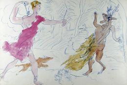 CERI RICHARDS CBE mixed media - Artemis drawing her bow aimed at a faun while her hounds attack,