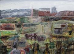 JACK CRABTREE oil and collage on board - extensive mining landscape with colliery buildings and