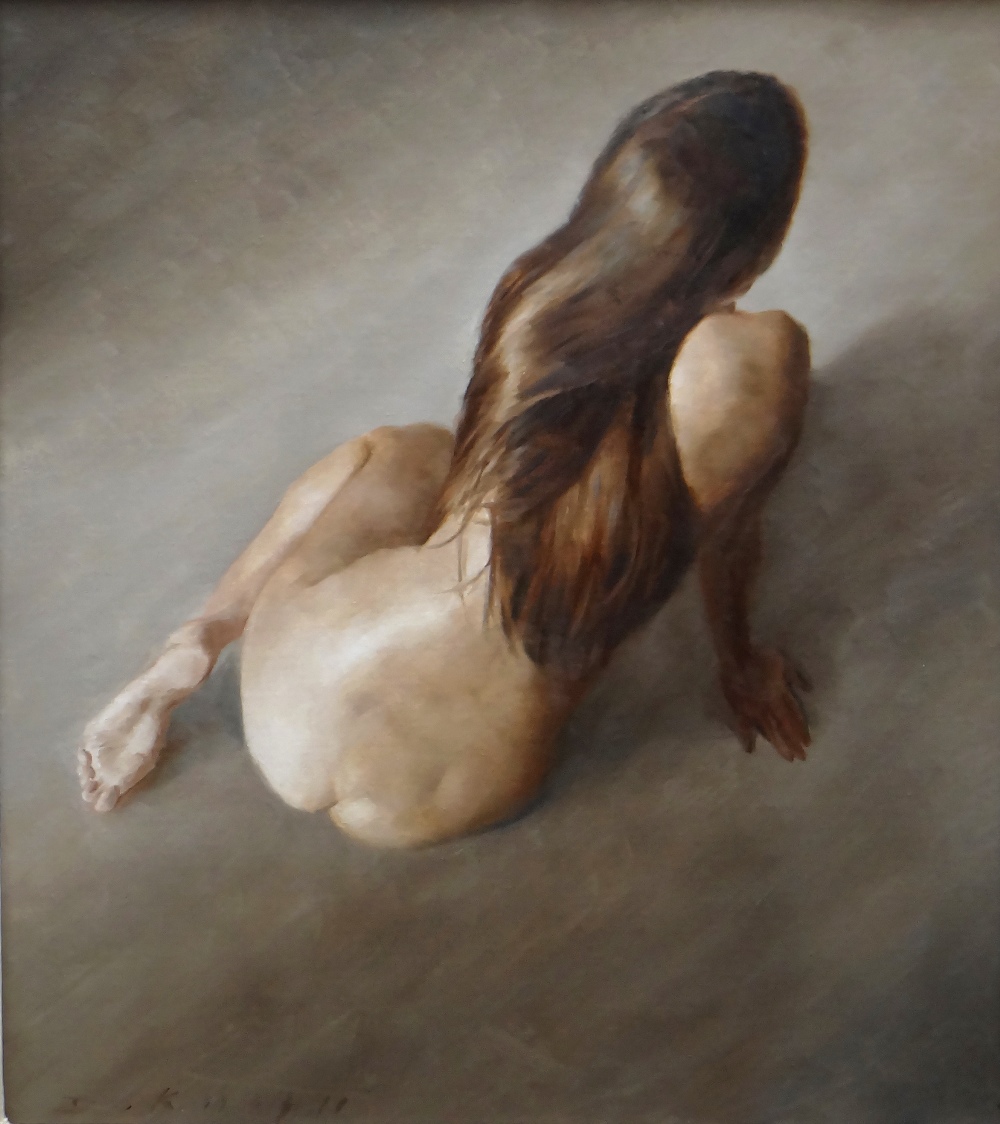 DAVID KNIGHT oil on canvas - entitled verso 'Nude on Grey', signed, 42 x 37cms Provenance: private