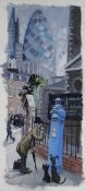 NICK HOLLY oil on card - entitled verso 'The Historic Police Call Post at Aldgate with a View of the