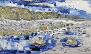 PETER GORSUCH oil on board - entitled verso 'Heritage Coast', signed with initials, 28 x 48cms