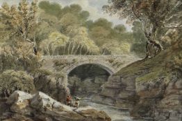 MOSES GRIFFITH (1747-1819) watercolour - river scene with bridge and fishermen, possibly Pont Du,