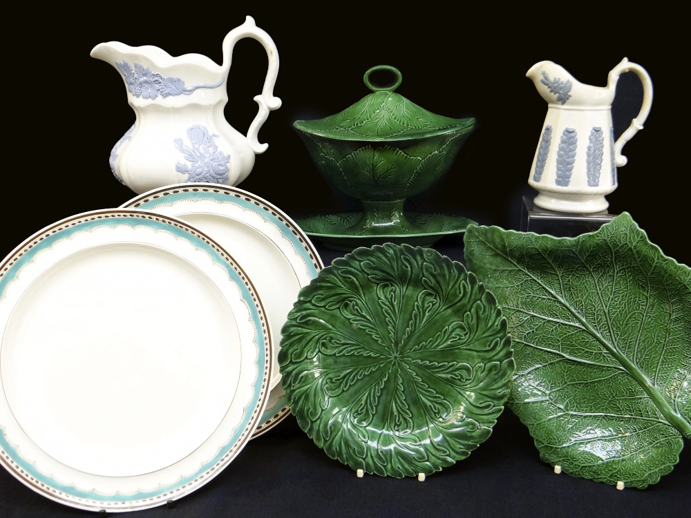 GROUP OF 19TH CENTURY SWANSEA POTTERY IN THE WEDGWOOD STYLE comprising Glamorgan green glazed leaf-