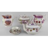 GROUP OF FIVE GLAMORGAN POTTERY PINK LUSTRE WARES comprising teapot decorated with strawberries,