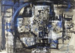 LESLIE MOORE mixed media abstract - entitled verso 'Night Town Mirage', signed and dated 1960, 46