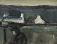 WILL ROBERTS oil on board - figure with hand-tool and farm, entitled verso 'Landscape with Figure,